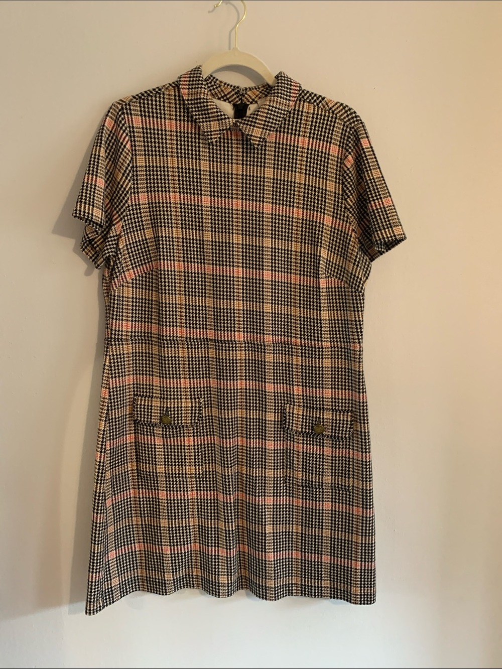 LOFT Black and Cream Plaid Shift Dress with Pink Accents
